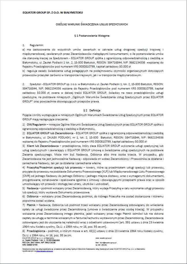 Ogólne warunki świadczenia usług spedycyjnych